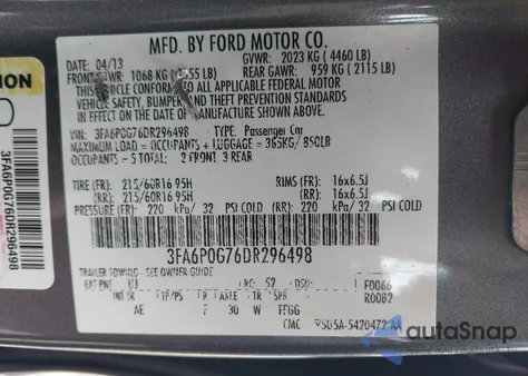 2013 Ford Fusion S из США, поврежденный, VIN 3FA6P0G76DR296498